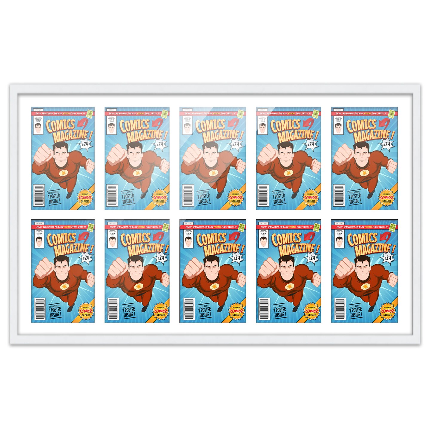 Comic Book Display Frame for Golden Age Comics Published Between 1938 and 1956 - White Wood Comic Frame With White Mat for 7.75x10.5 Comic, 18 Frame Sizes