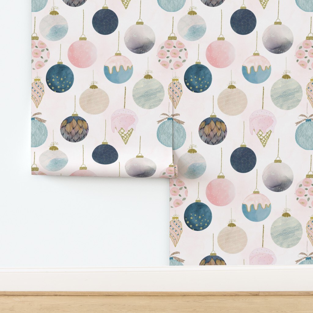Modern Christmas Ornaments Blush Pink Denim Blue Feminine Custom Removable Wallpaper by Spoonflower Peel & Stick Wallpaper 2FT Wide