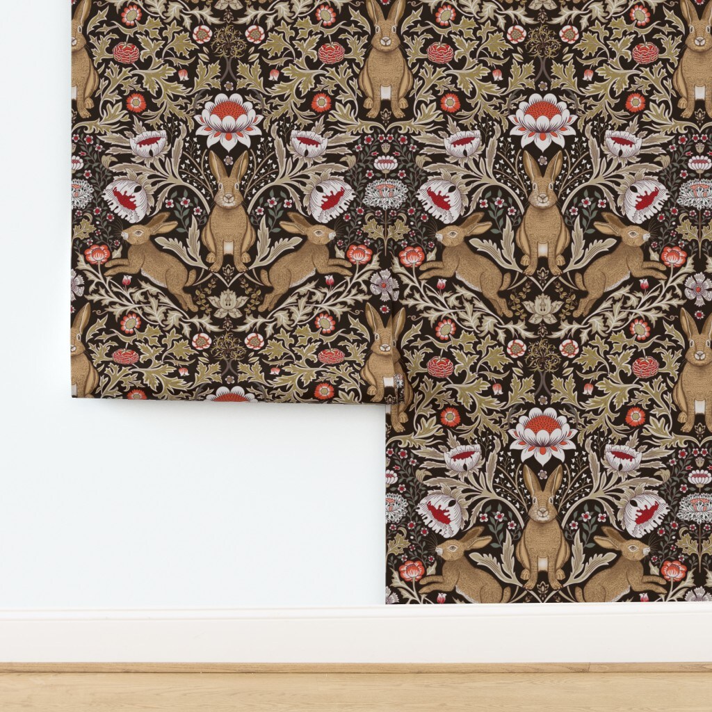 Rabbit Neutral Damask Red Floral Botanical Earth Tones Traditional Arts And Crafts Custom Pre-pasted Wallpaper by Spoonflower Pre-Pasted Wallpaper 2FT Wide