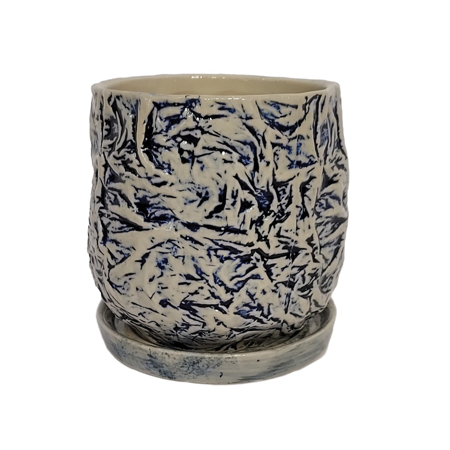 Crepe Planter with Attached Saucer - 5.5'' x 5'' - Indigo on Cotton
