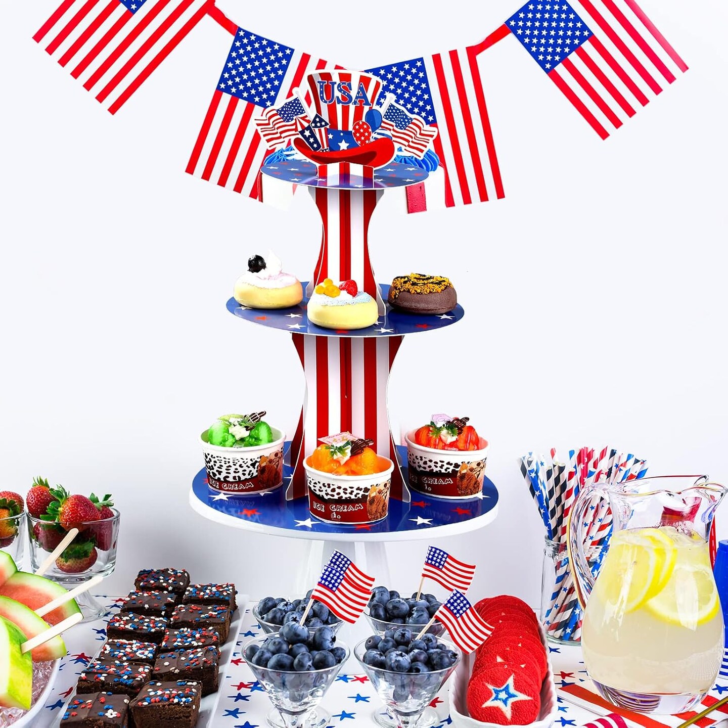 4th of July Cupcake Stand 3 Tier Patriotic Cardboard Cup Cake Holder Stand Independence Day Dessert Tower Display USA American Flag Star Pastry Serving Platter for Veterans Day Memorial Day Decor