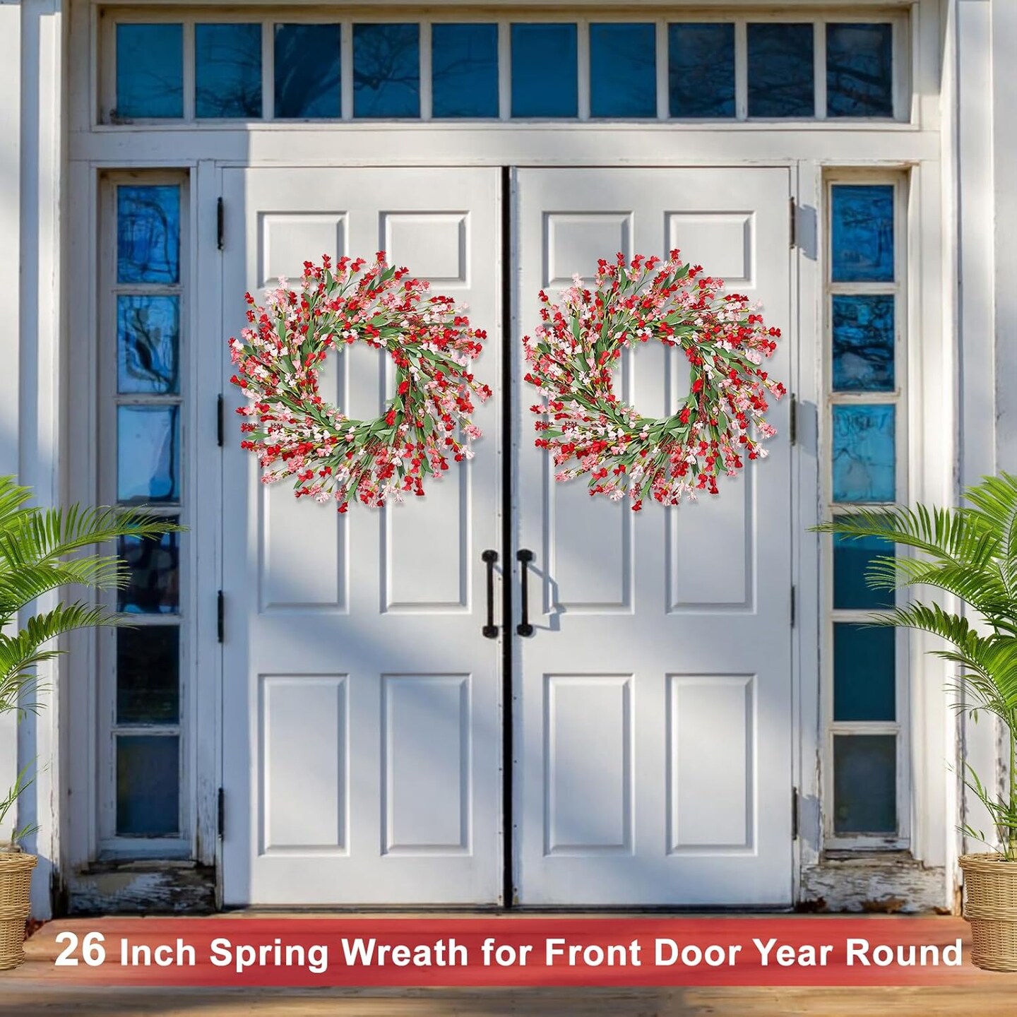 Summer Wreaths for Front Door - 26 Inch Summer Summer Front Door Wreath, Artificial Paper Flower Wreath for Indoor Outdoor Home Door Wall Window Wedding Background Decor (Red Pink)