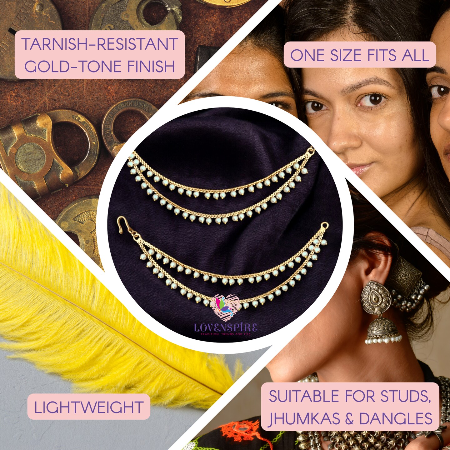 Indian Traditional Ear Chains for Women - Indian Jewellery for Earring Support Double Layered Long Gold Tone Earring Chain Ear to Hair Chain Jewelry Faux Pearl Hair Accessory Bridal Jewelry