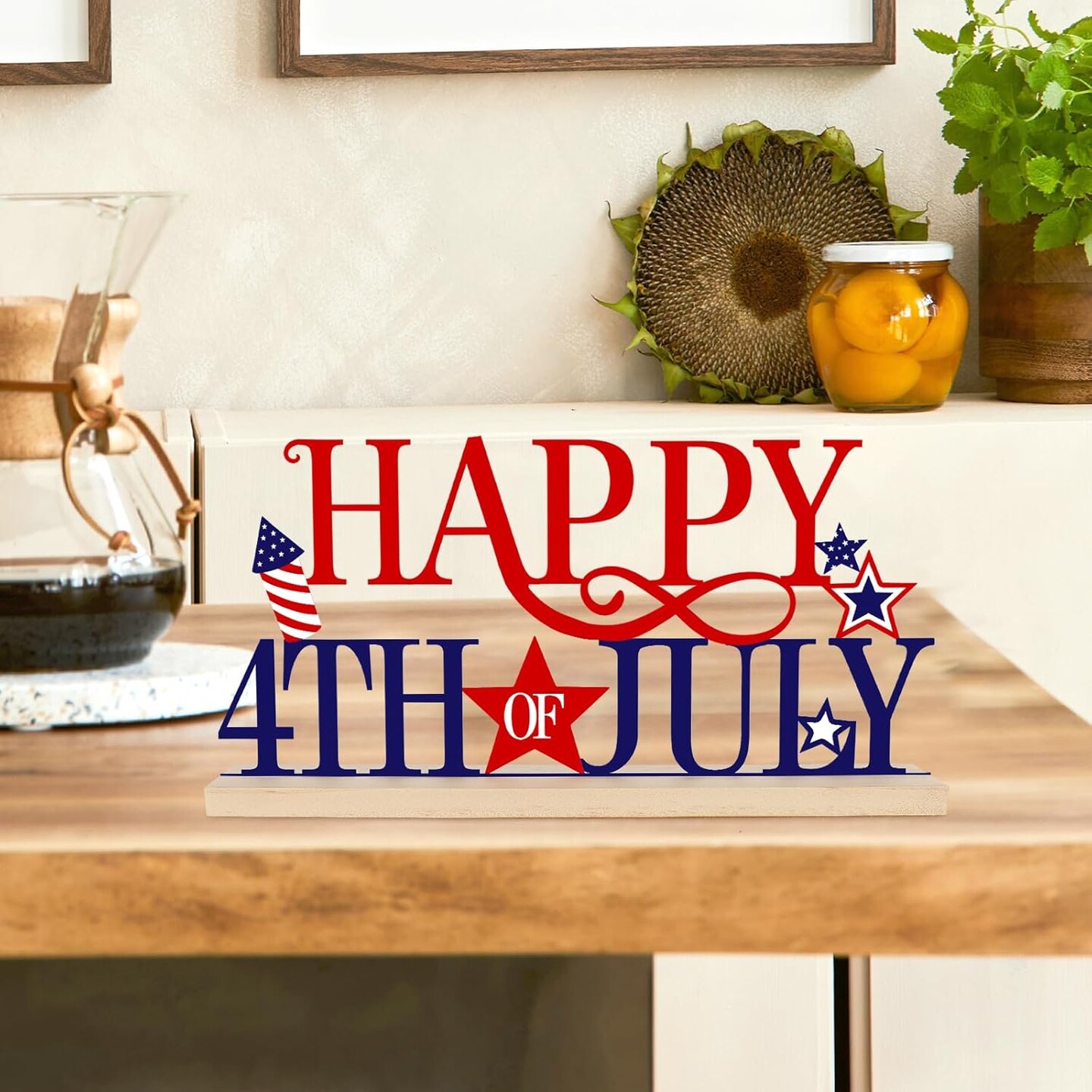 Metal Happy 4th of July Sign, Red Blue and White Decorations for Home, Office, Shelf, Mantel, Indoor, Fouth of July Decoration, Patriotic Star Tabletop Decor (Independence Day)