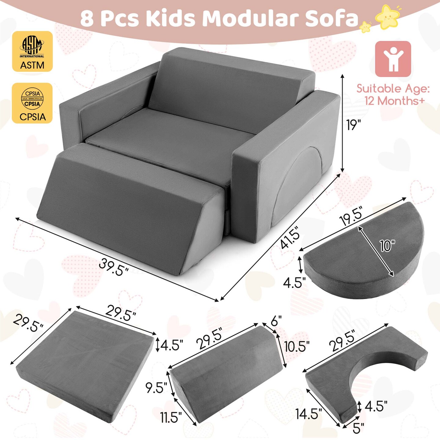 Costway Kids Modular Play Sofa 8 PCS with Detachable Cover for Playroom & Bedroom Indoor Pink/Grey