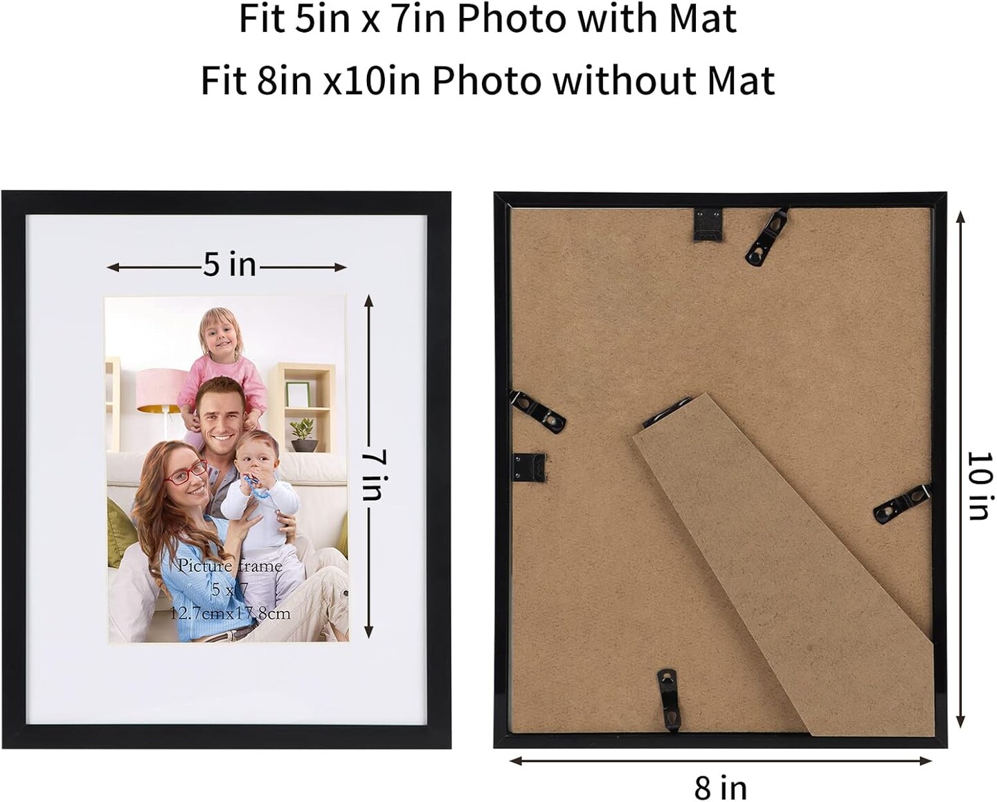 Black 8x10 Picture Frame Set of 10, Matted to 5x7 Picture with Mat or 8x10 Photo without Mat