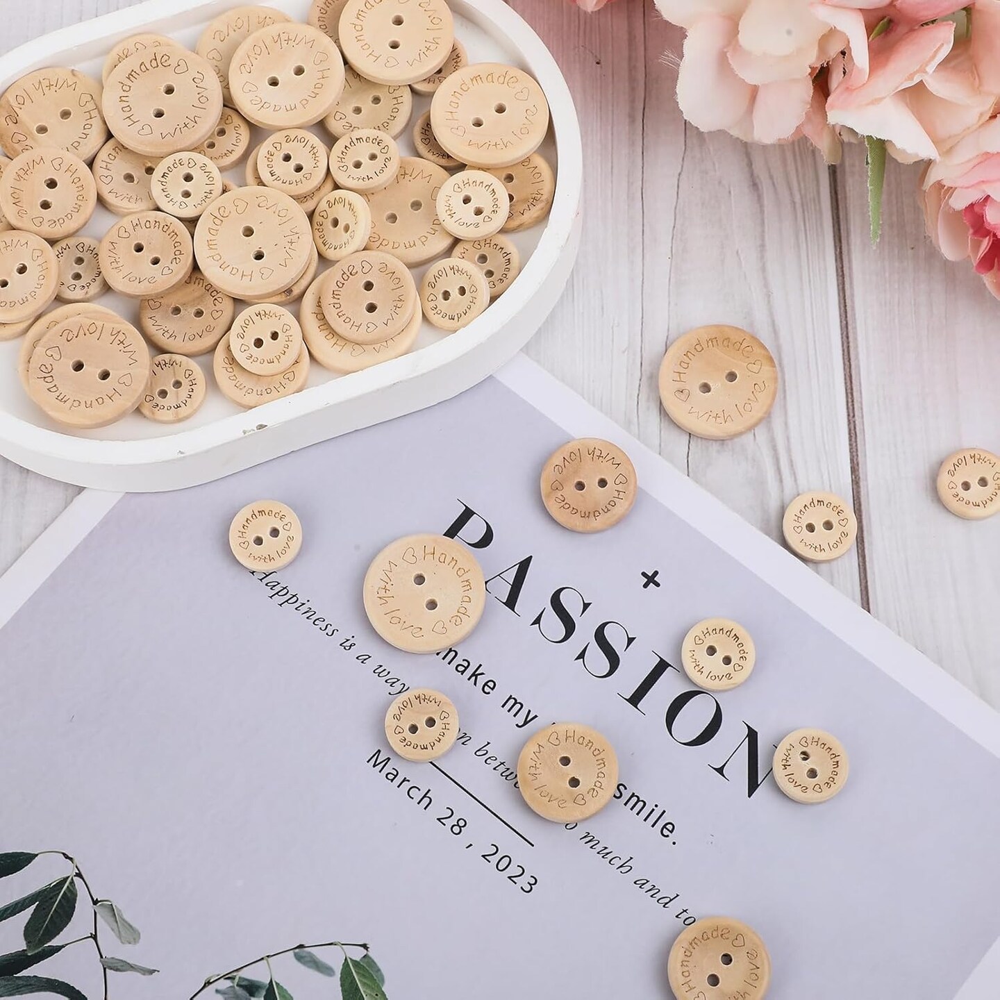 150 PCS Wooden Handmade Buttons, 2 Holes Sewing Buttons with Love
