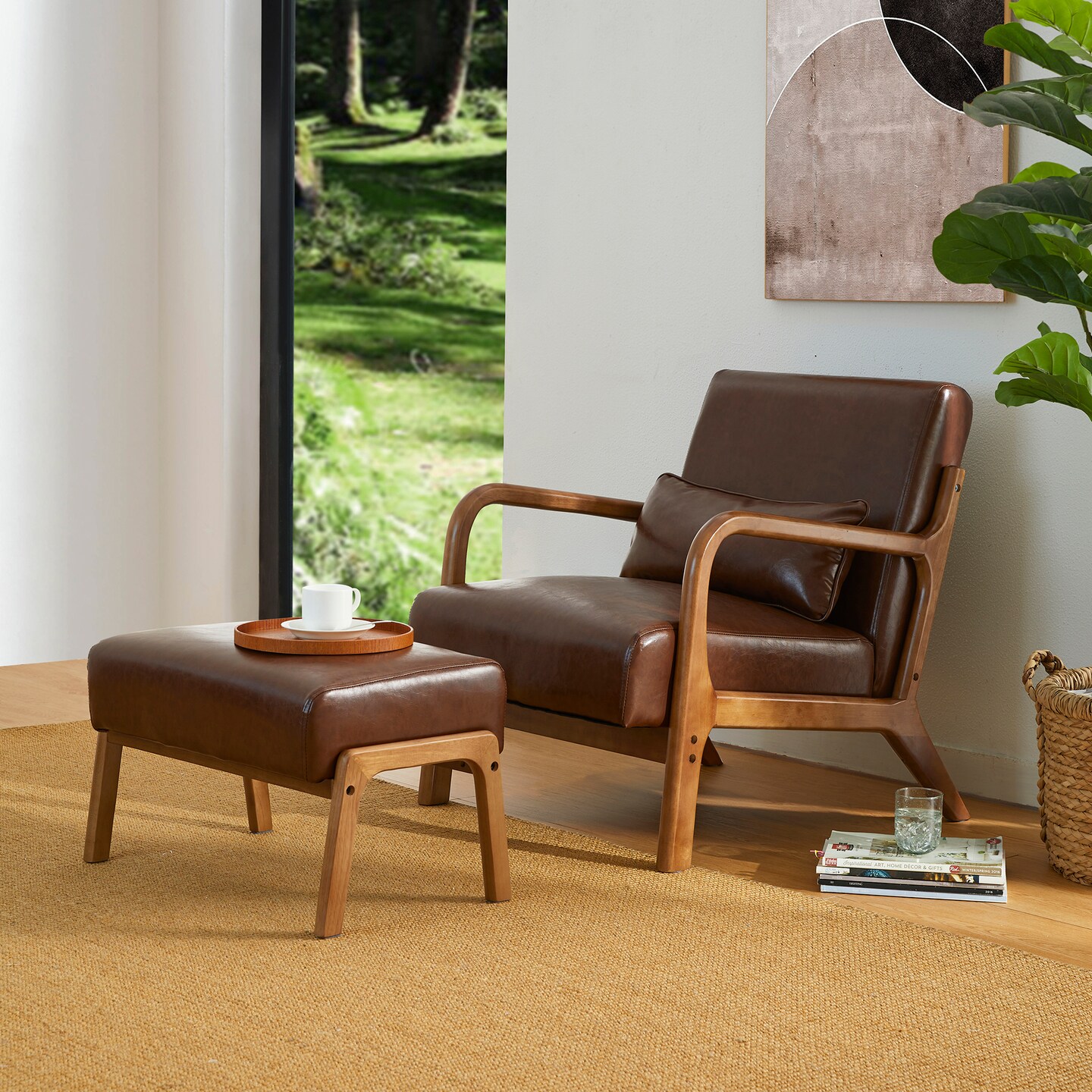 30.75&#x22;H Mid-Century PU Leather Armchair with Ottoman Set