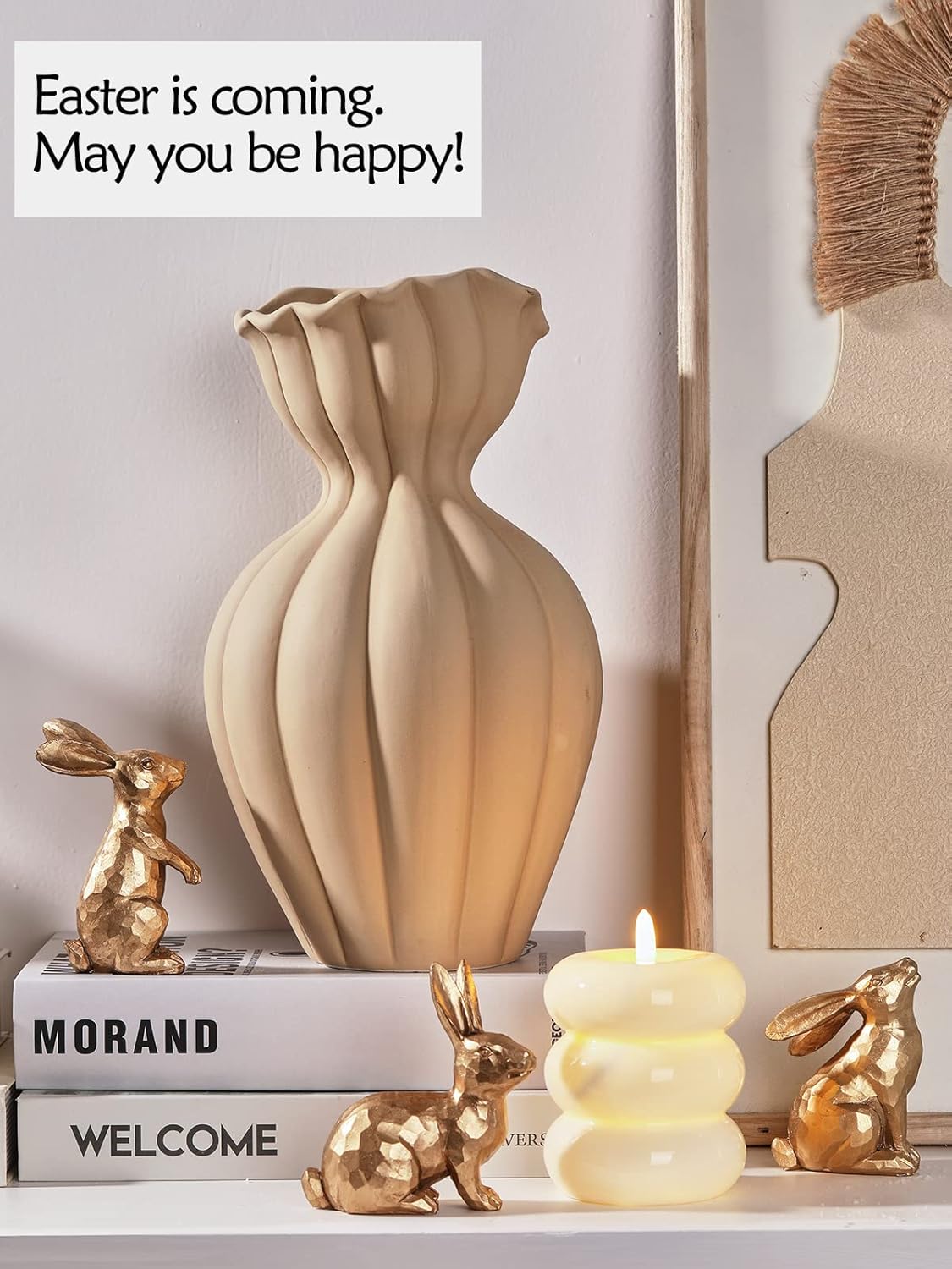 Set of 3 Golden Polyresin Bunny Figurines – Easter Rabbit Statues for Spring Tabletop, Shelf, and Home Decor