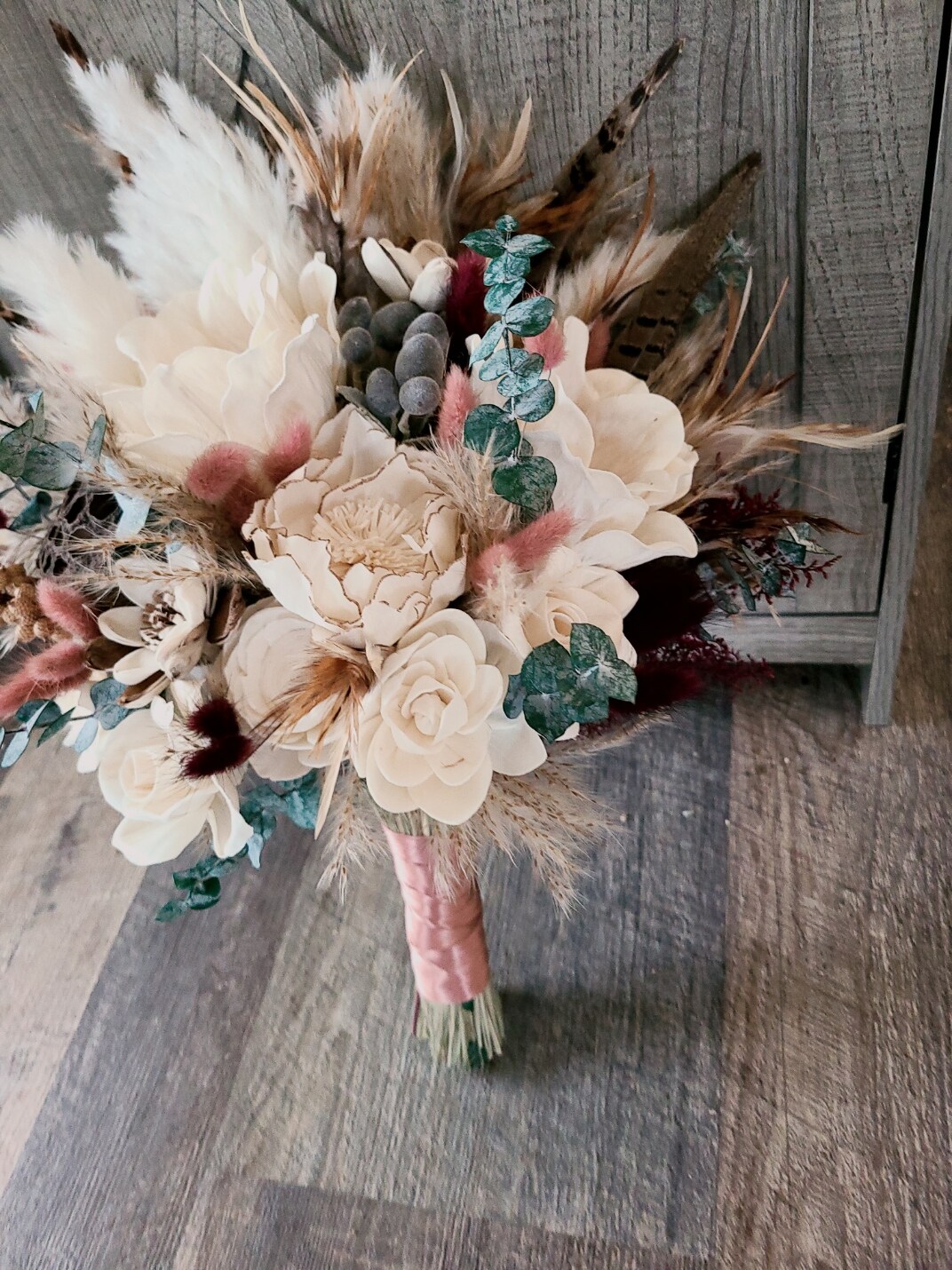 Boho Wood Flower Bouquet with Mauve Pink Bunny Tails and Pampas