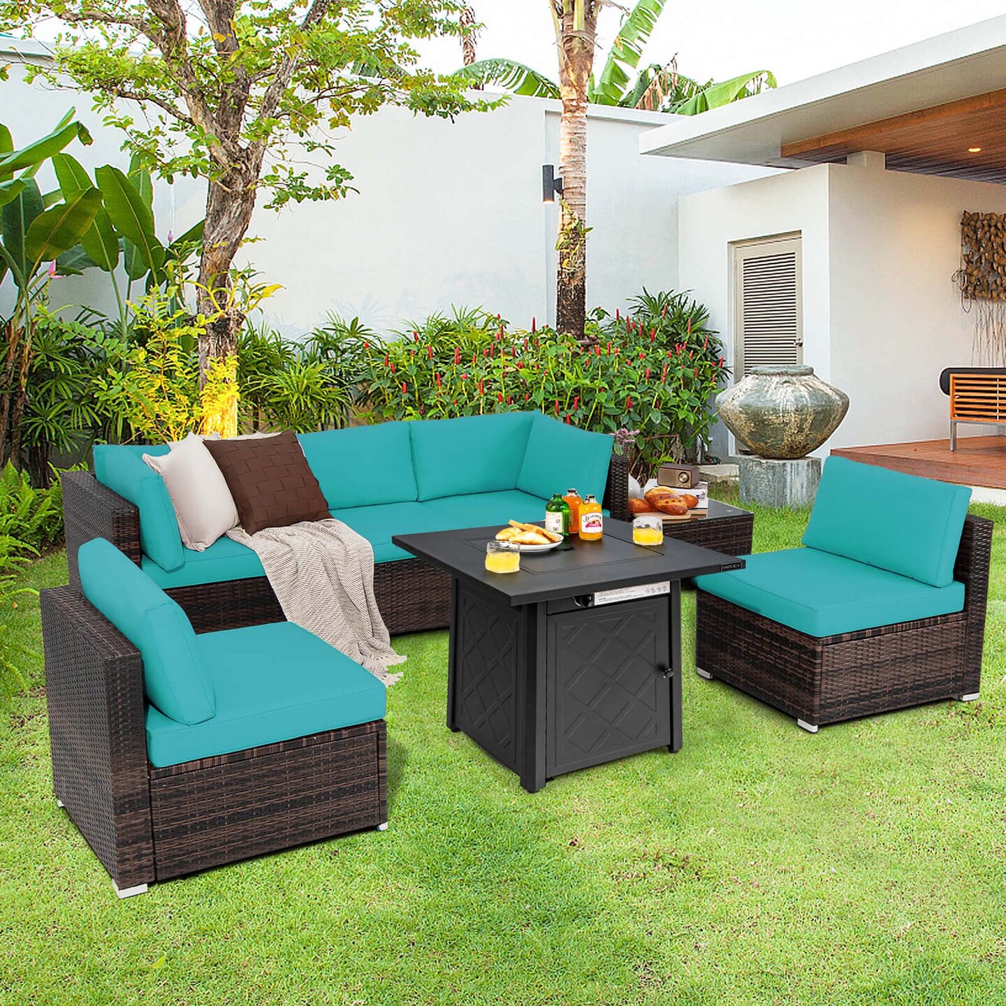 Costway 7 PCS Patio Furniture Set with 28" 50000 BTU Propane Gas Fire Pit Table Cushions Red/Turquoise/Off White