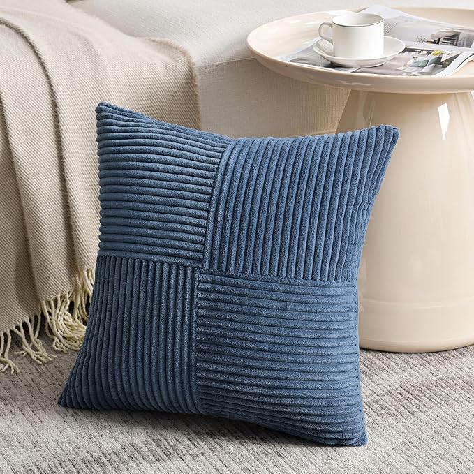 2 Packs Dusty Blue Decorative Throw Pillow Covers 18x18 Inch for Living Room Couch Bed, Farmhouse Boho Home Decor, Soft Corss Corduroy Patchwork Textured Square Cushion Case 45x45cm