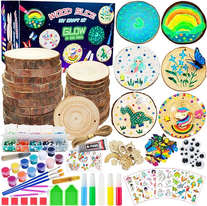 Wooden Crafts Kit for Kids-Glow in The Dark-Arts & Crafts Gifts for Boys Girls Age 6-12, 24 Wood Slices with Painting Craft Activities Kits, Creative Art Toys for 6 7 8 9 10 11 12 Year Old