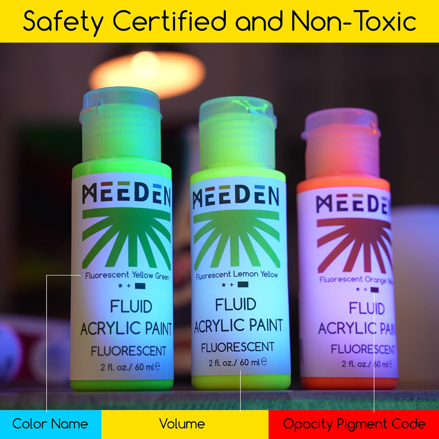 MEEDEN Fluorescent Acrylic Paint Set, 6 High Flow Colors (2 oz, 60 ml), Neon Fluid Acrylic, Glow in the Dark Paints for Canvas Painting