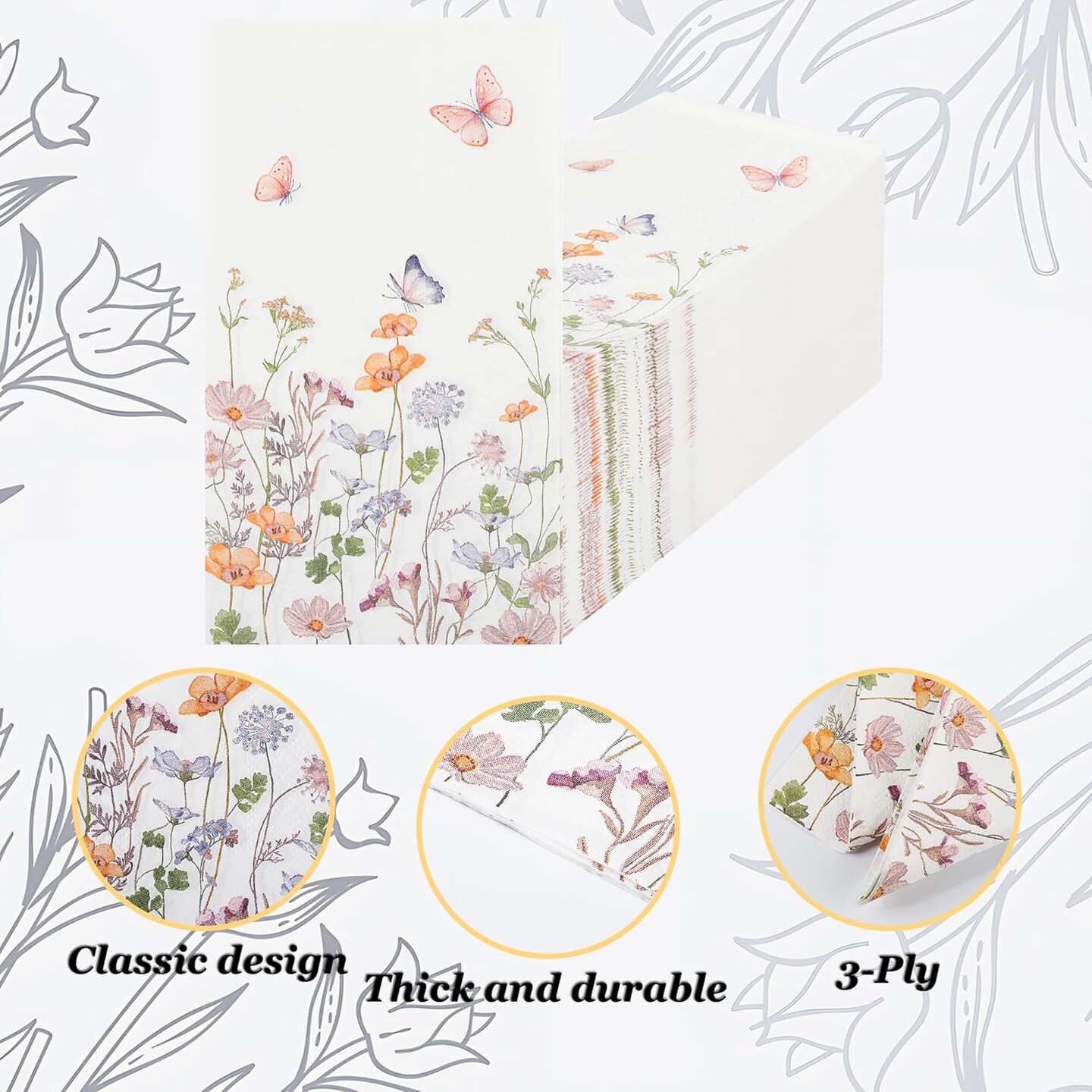 100Pcs Floral Guest Napkins Disposable Butterfly Flower Paper Napkins Wildflower Garden Blossom Hand Towels for Spring Wedding Anniversary Bridal Baby Shower Tea Party Table Decor