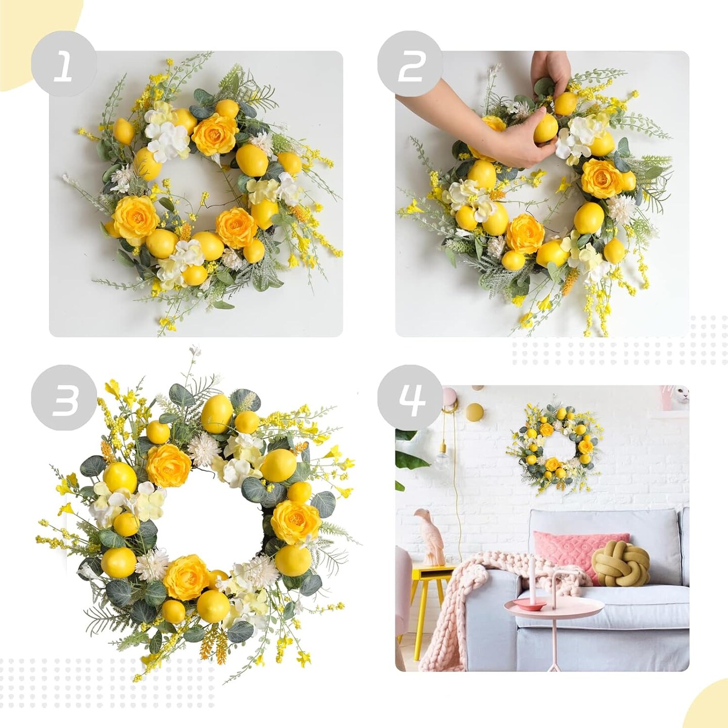 Summer 18 Inch Yellow Lemon Roses Wreath for Front Door, Eucalyptus Leaves with Hydrangea and Forsythia Flowers, Rustic Farmhouse Indoor and Outdoor Door Wreath for Home Decor