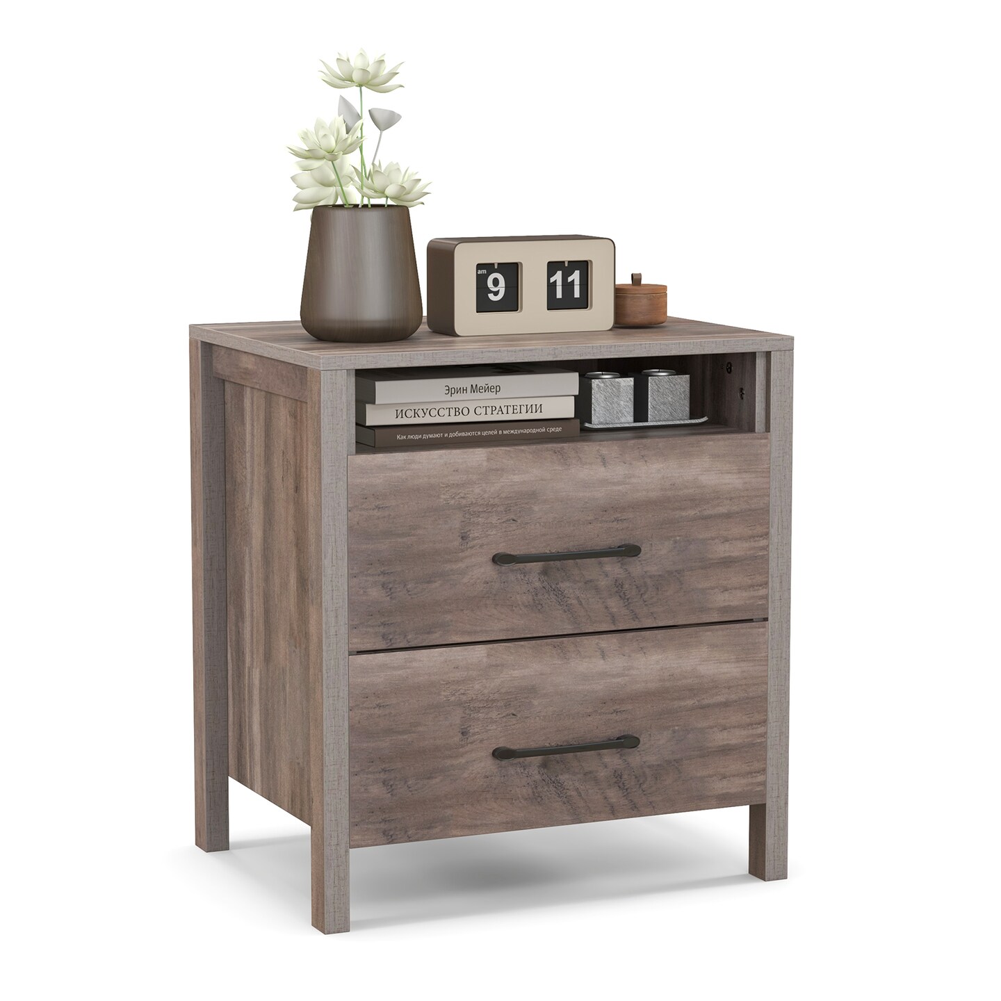 Grey Engineered Wood Farmhouse Nightstand with Dual Drawers and Open Shelf