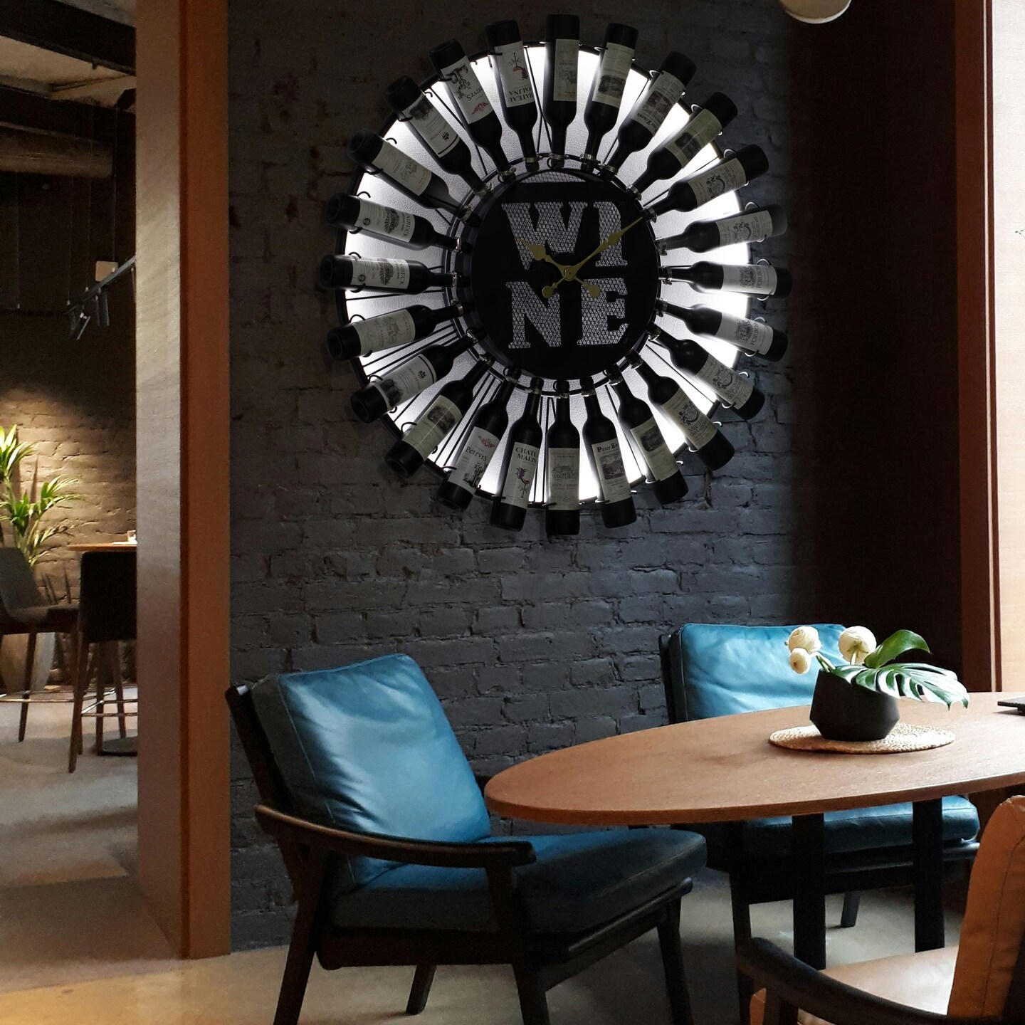 Vintiquewise Large Clock Wall-Mount Metal Wine Shelf – 24-Bottle Rack with Mesh Cork Basket and LED Light – Elegant Wine Display for Living Room, Kitchen, Dining Room, Home Bar, or Wine Cellar