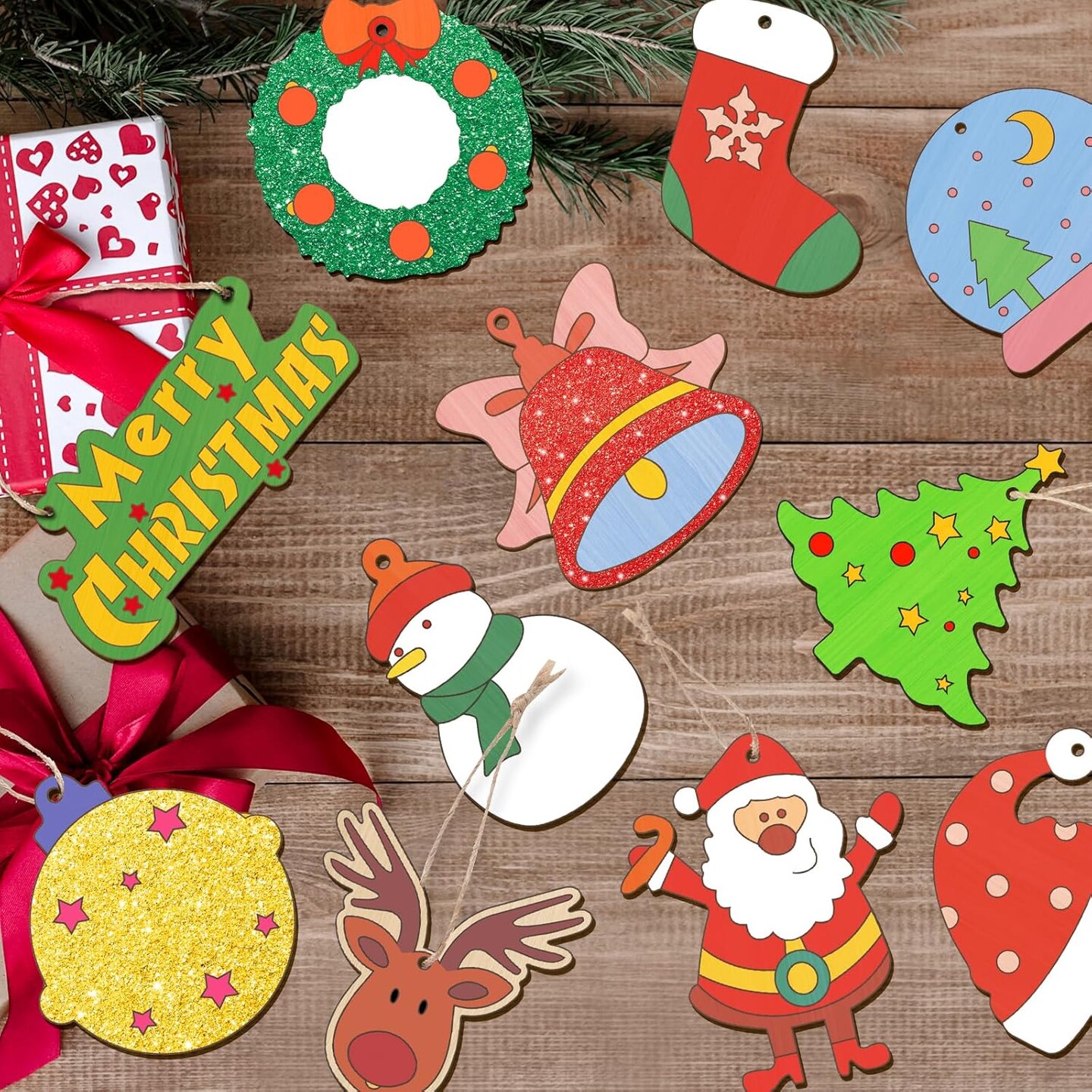 Christmas Crafts for Kids,36 Pcs Wooden Christmas Ornaments with Ropes for Hanging Decoration, 12 Styles Unfinished Wood Slices with Hole, DIY Ornament Craft for Boys &#x26; Girls Aged 5 6 7 8 9 10 11 12