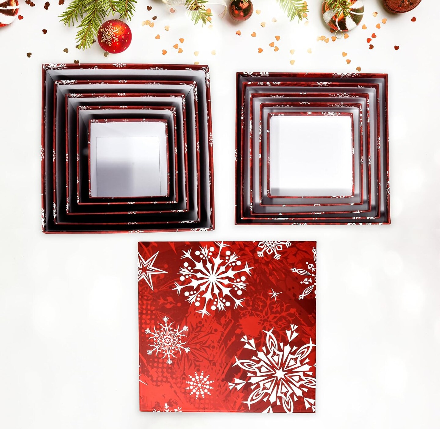 Christmas Nesting Gift Boxes Square 5 Pack Red and White Snowflakes Design Christmas Stacked Gift Box with Lids in 5 Assorted Sizes for Gift Giving Holiday Decorative Gifts Present Wrapping