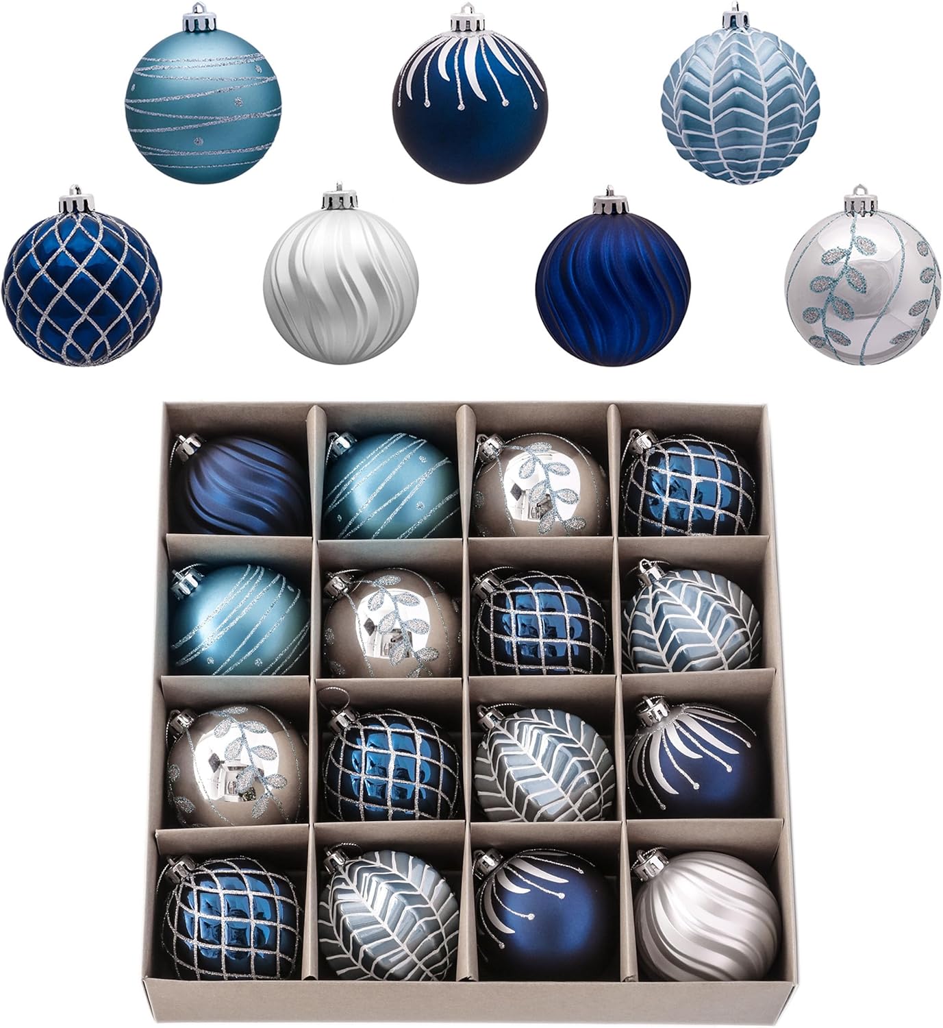Christmas Ornaments Set, 16ct Navy Blue and Silver Shatterproof Fall Christmas Tree Decorations Ball Ornaments Bulk, 3.15 Inches Elegant Hanging Ornaments for Xmas Trees Decor