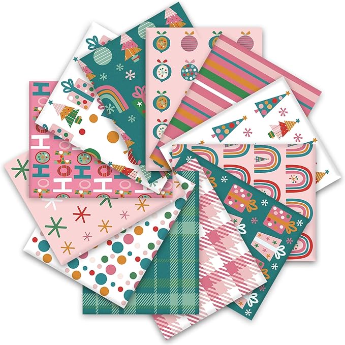 12Pcs Christmas Cotton Fabric Bundles Xmas Tree Snowflake Gift Box Fat Quarters Pink Green Checkered Printed Sewing Fabrics for DIY Handmade Crafting, 18 x 22 Inch