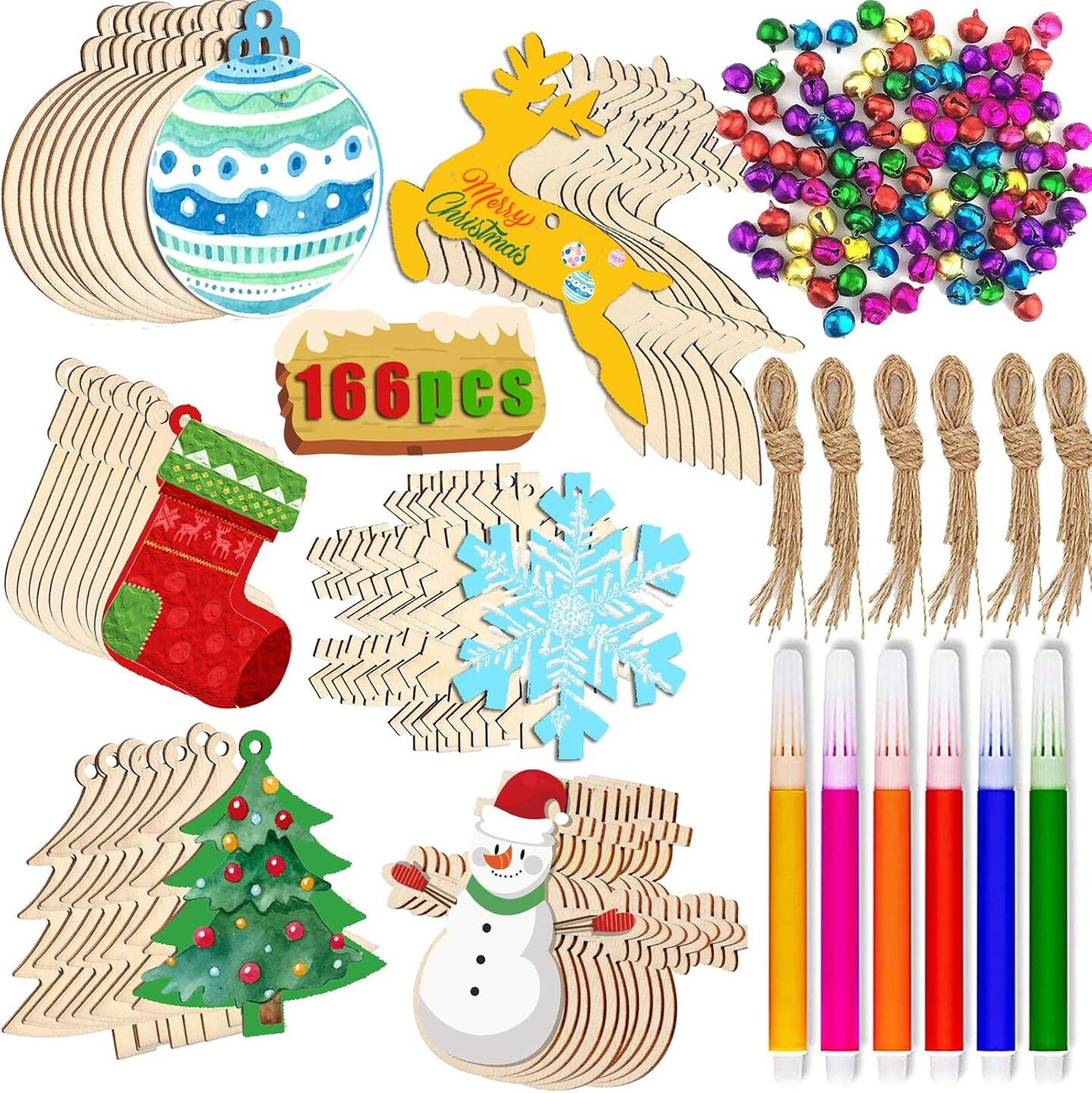 166pcs Wooden Christmas Ornaments Unfinished, Wooden Ornaments to Paint for Christmas Tree Decorations Holiday Hanging Decorations with Bells, Rope and Colorful Makers