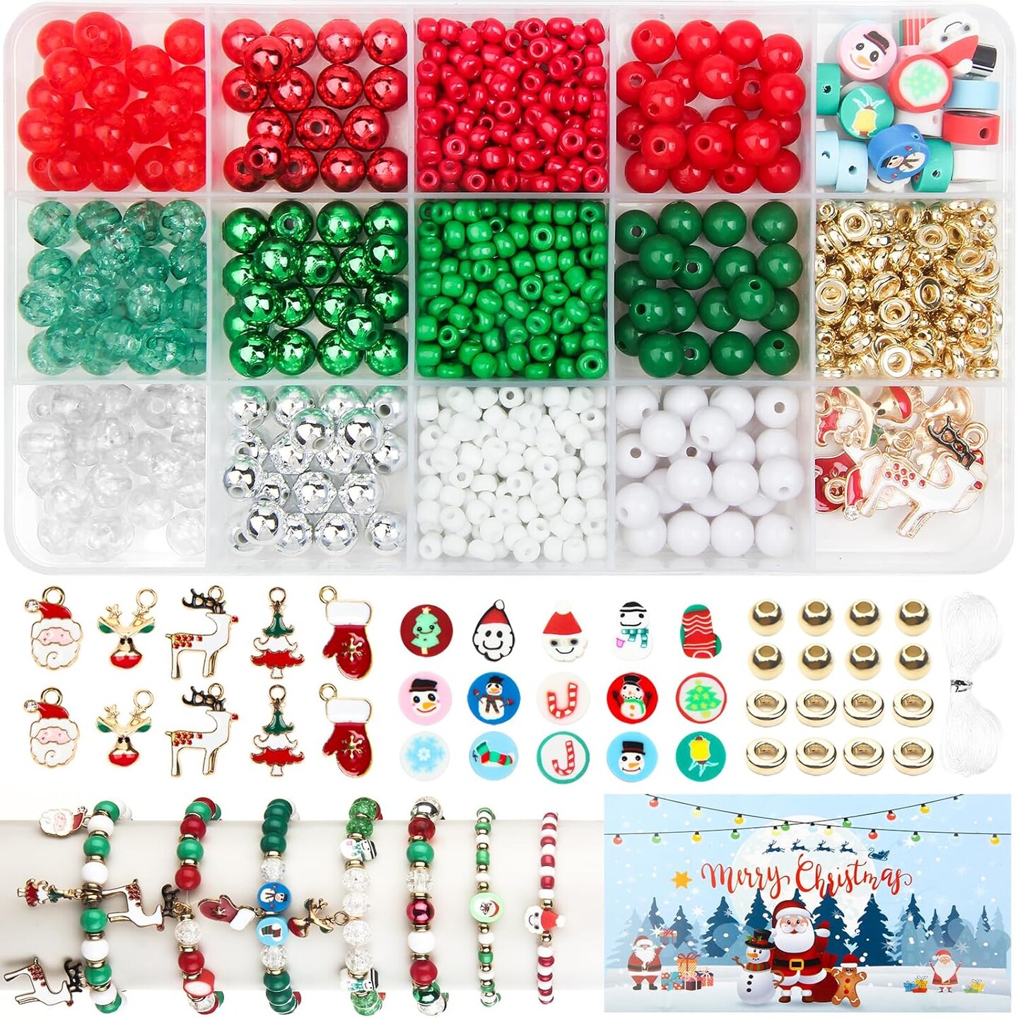 885PCS Christmas Beads,Christmas Bracelet Making Kit for Girls,Christmas Bracelet Beads Kit with Xmas Ornament for Jewelry Making DIY,Christmas Crystal Beads for Bracelets Gift Garland Decor Crafts