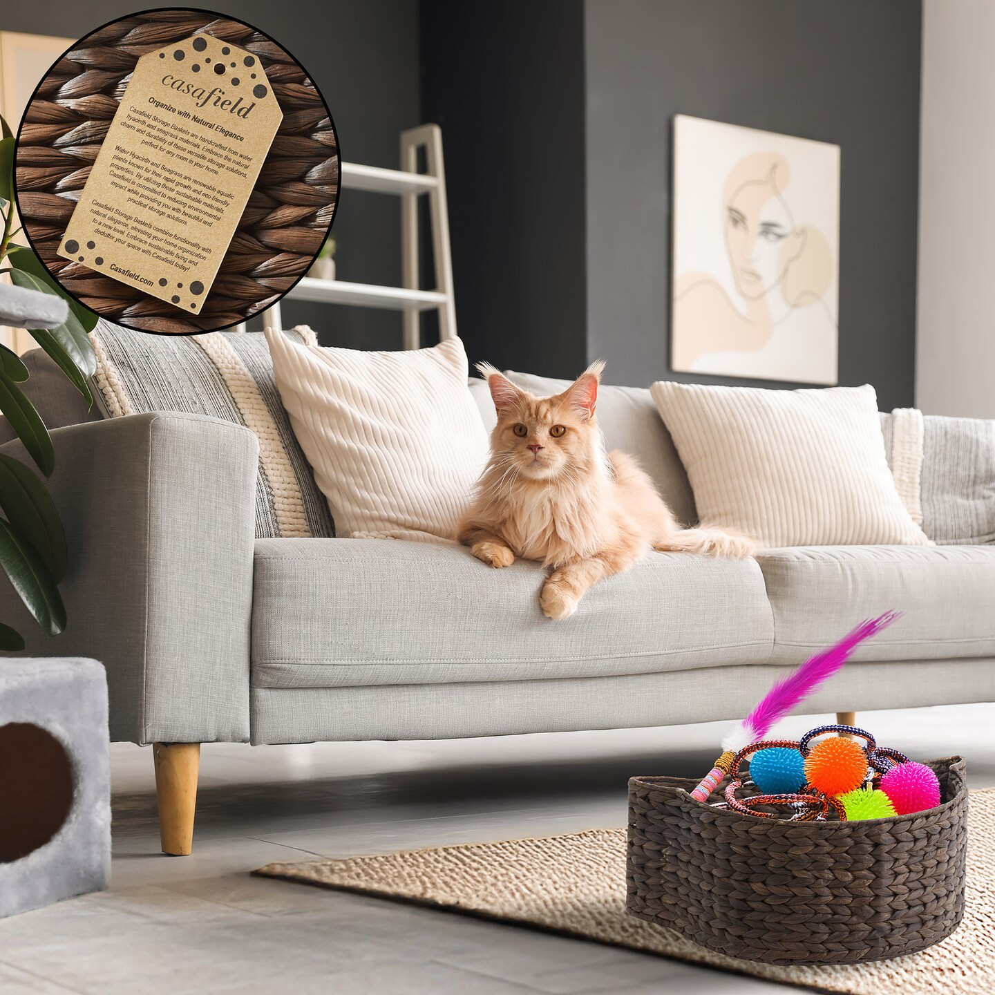 Casafield Cat Shaped Storage Basket, Woven Water Hyacinth Pet Toy Organizer Bin