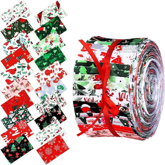 40 Pcs Christmas Jelly Fabric for Quilting Strips Cotton Roll, 2.55 Inch Xmas Fabric Strips, Red and Green Precut Fabric Patchwork Rolls for Quilting and Sewing DIY Crafts (Vivid Style)