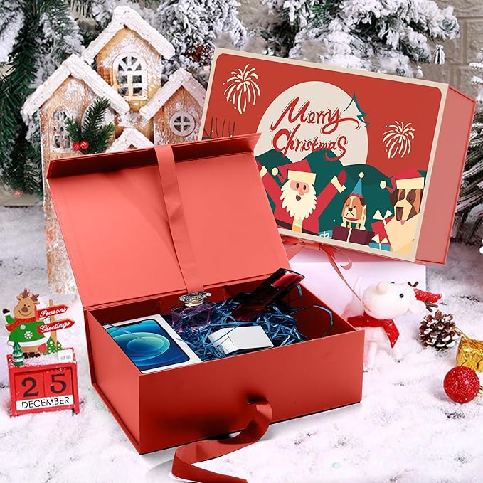 Premium Christmas Gift Boxes with Lids&#xFF0C;Decorative Christmas Boxes for Presents&#xFF0C;12.6 * 7.9 * 4.4 Inchs Large Magnetic Gift Box for Christmas Wrapping Gifts (Red,Thicken)