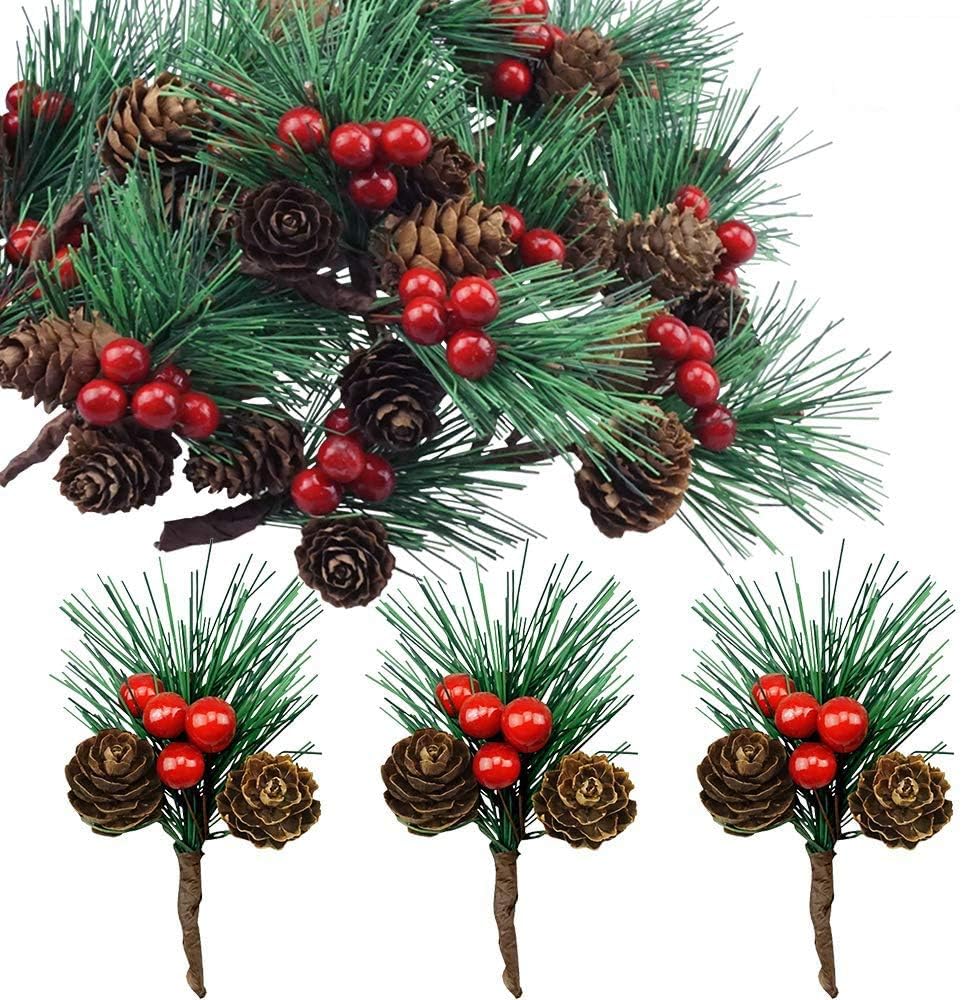 Red Berry Pinecones Pine Needles Stems Picks Artificial Winter Christmas Berries Decor for Crafts Christmas Garland and Holiday Wreath Ornaments, 20 Branch