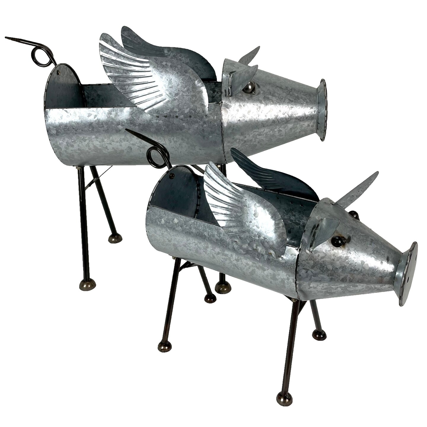 Set of 2 Flying Pig Planters - Distressed Galvanized Gray Metal - Rustic Farmhouse Garden Decor - Whimsical Planters for Indoor or Outdoor Use - Decorative and Functional Sculptures
