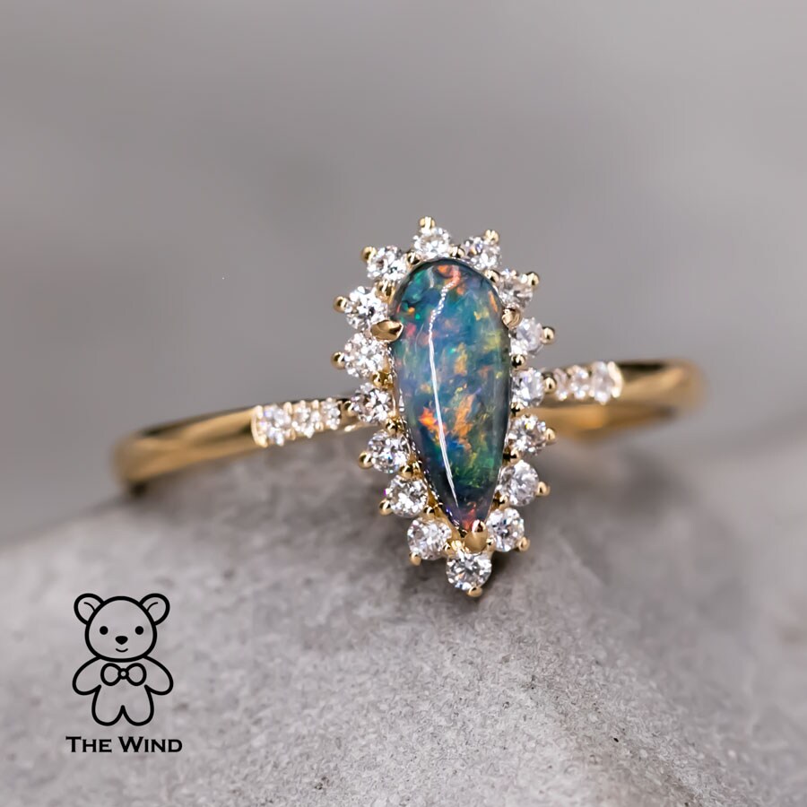 Australian Black Opal Halo Diamond Engagement Ring 18K Yellow Gold