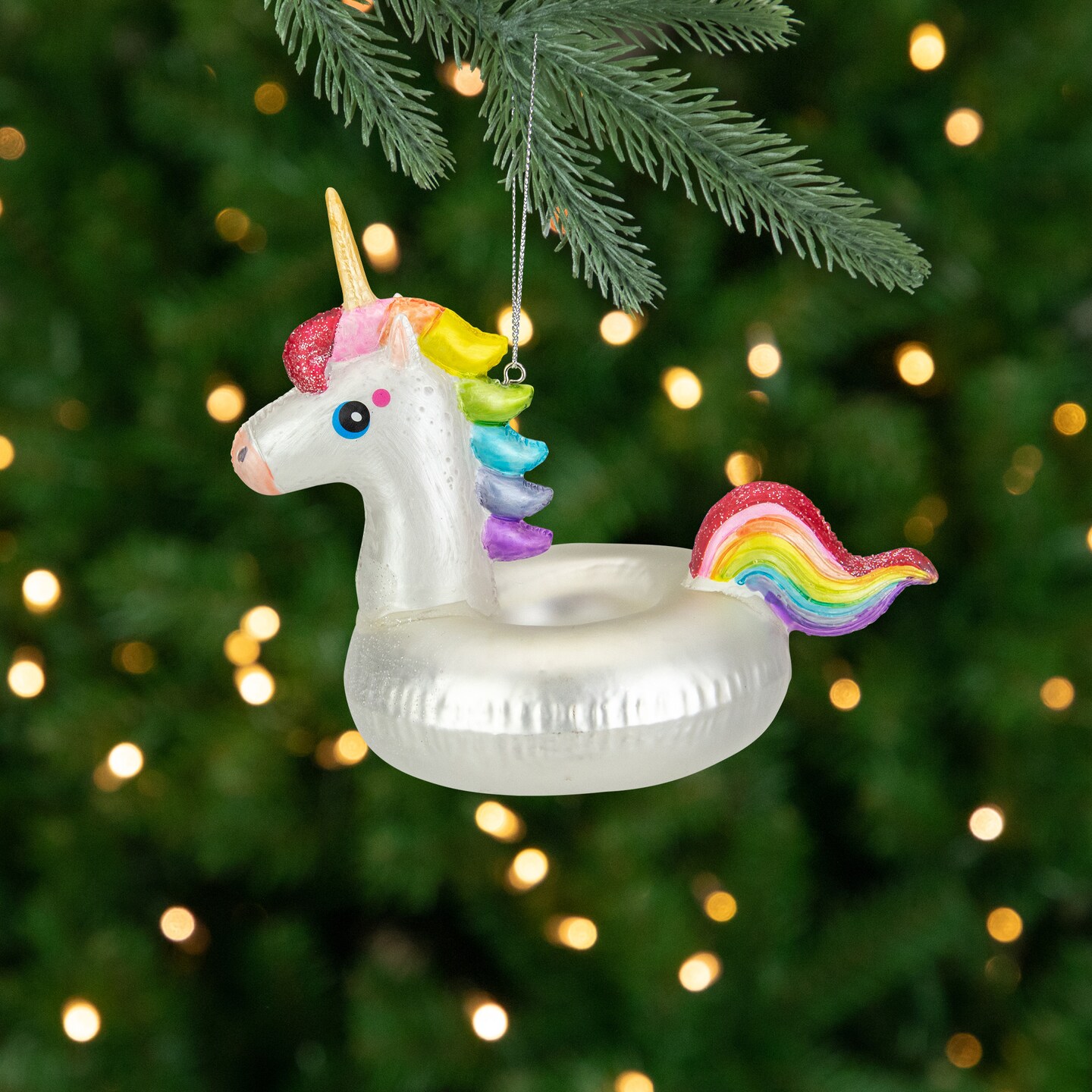 Northlight 6.5" Rainbow Unicorn Pool Float Glass Christmas Ornament
