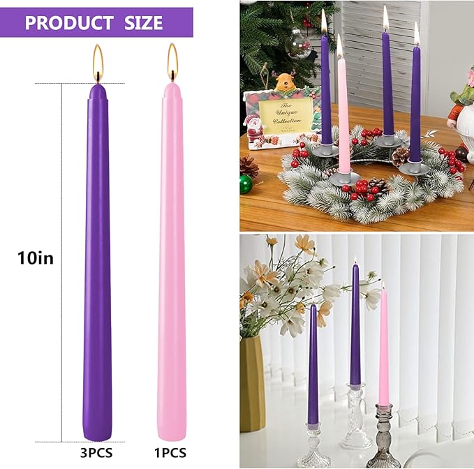 4 Pack Christmas 10in Unscented Advent Candles for Seasonal Celebrations, Holidays, Church, Celebration, Party