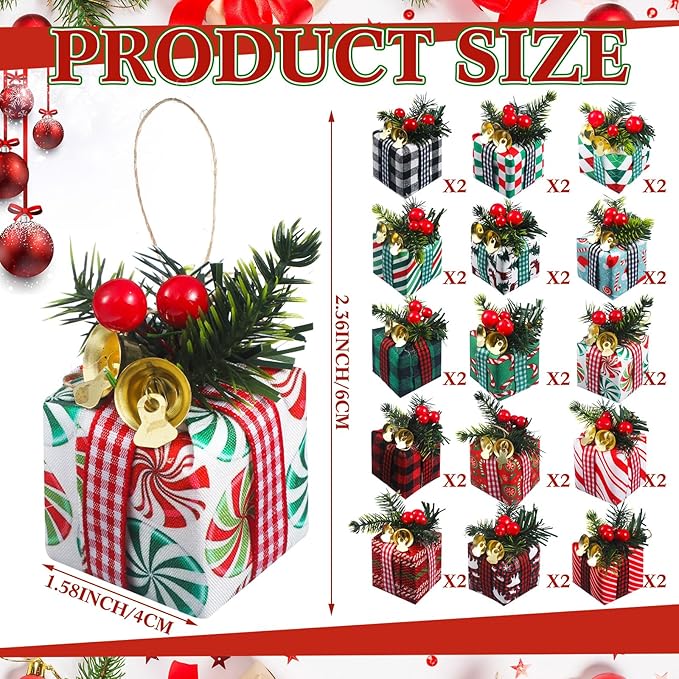 30 Pcs Christmas Tree Mini Gift Boxes Xmas Tree Tiny Present Boxes Ornament Christmas Hanging Ornament Decoration with Bells, Christmas Berries for Indoor Outdoor Xmas Tree Party Holiday Decor