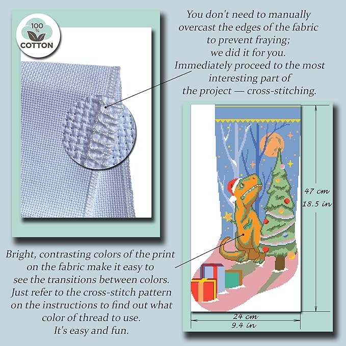 Stamped Personalized Christmas Stockings Cute Xmas Dinosaur Needlepoint Counted Easy Simple Cross-Stitch Patterns for Beginners, Embroidery Kit for Holiday Home Decor DIY