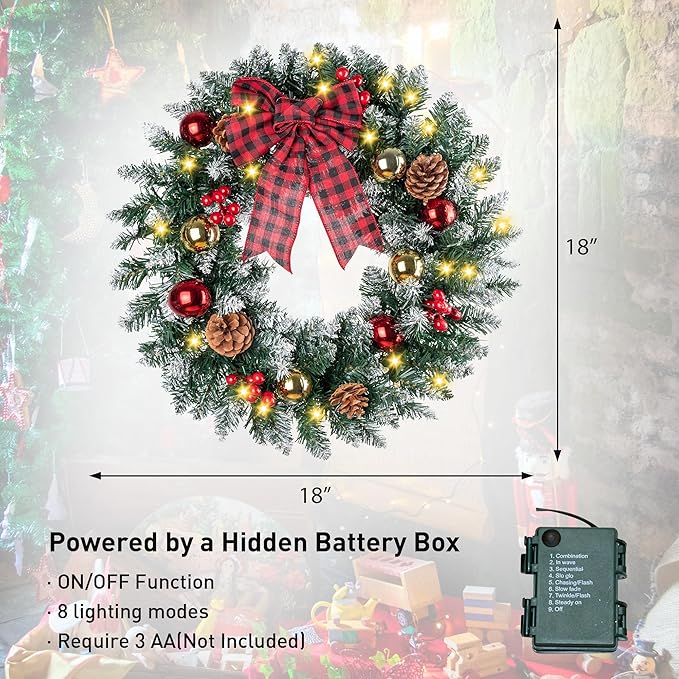 Christmas Wreath for Front Door with Lights, Christmas Lighted Wreath with Red Bow, Ball, Pine Cones for Door Window Wall Xmas Holiday Decoration