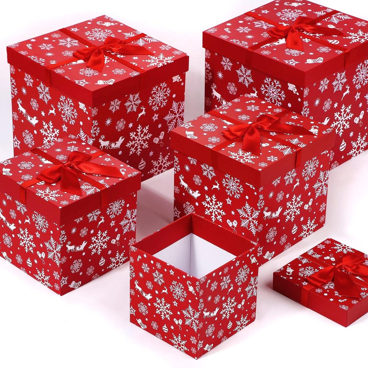5 Pieces Christmas Nesting Gift Boxes with Lids Snowflake and Elk Designs Nested Hard Christmas Boxes Stackable Xmas Nested Paper Box with Ribbon for Gift Storage Decorating, Assorted Sizes