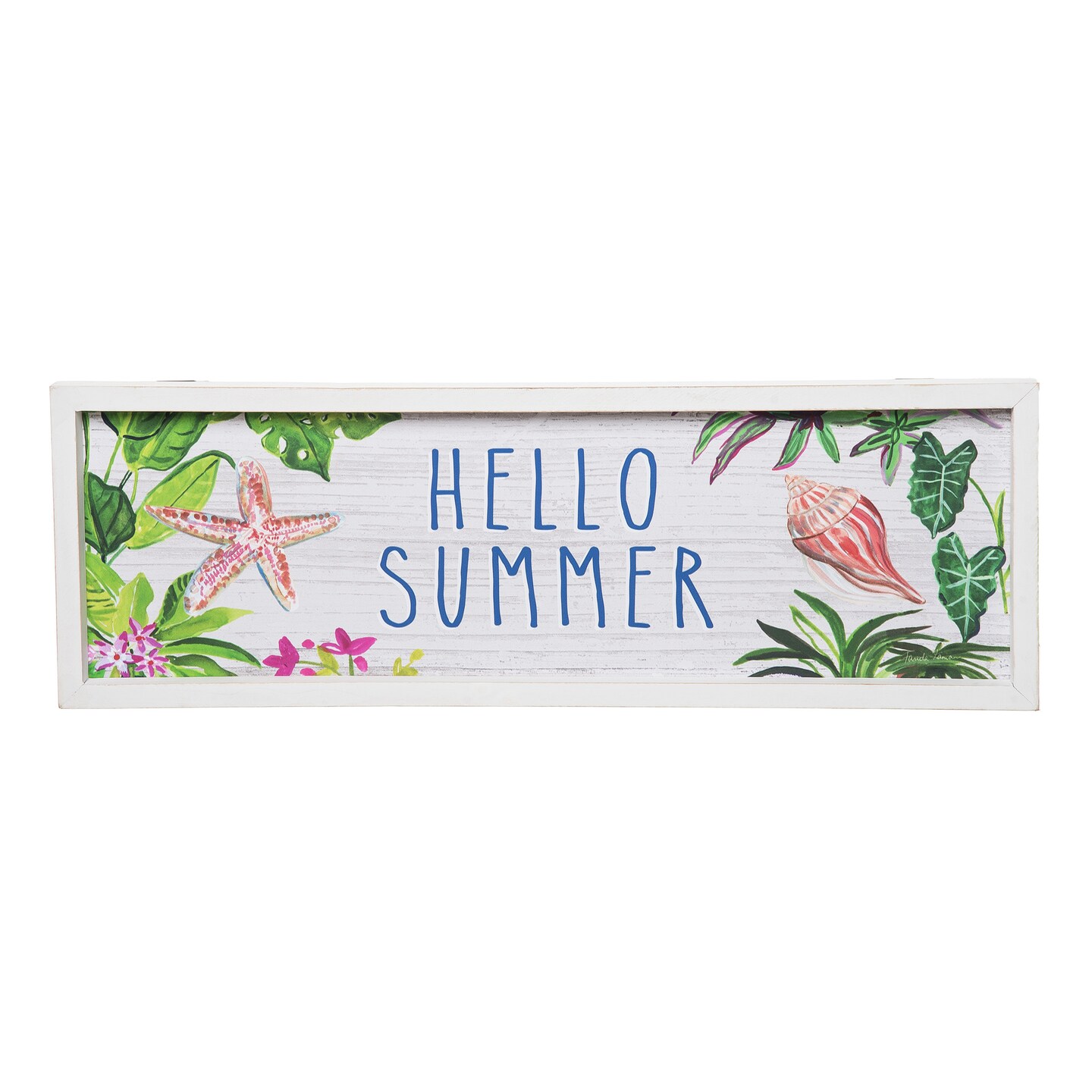 8" x 24" Starfish & Conch Shell "Hello Summer" Wall Sign, Beach House Decor