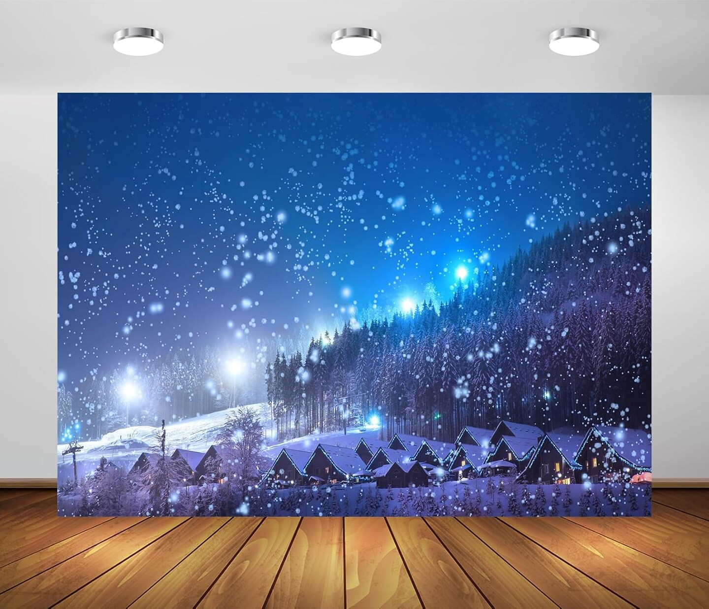 7x5ft Fabric Winter Christmas Village Backdrop Blue Night Sky Snow Scene Snowfall Snowflakes Fir Trees Forest Backdrop Winter Wonderland Christmas Party Decorations Kids Family Photo Props