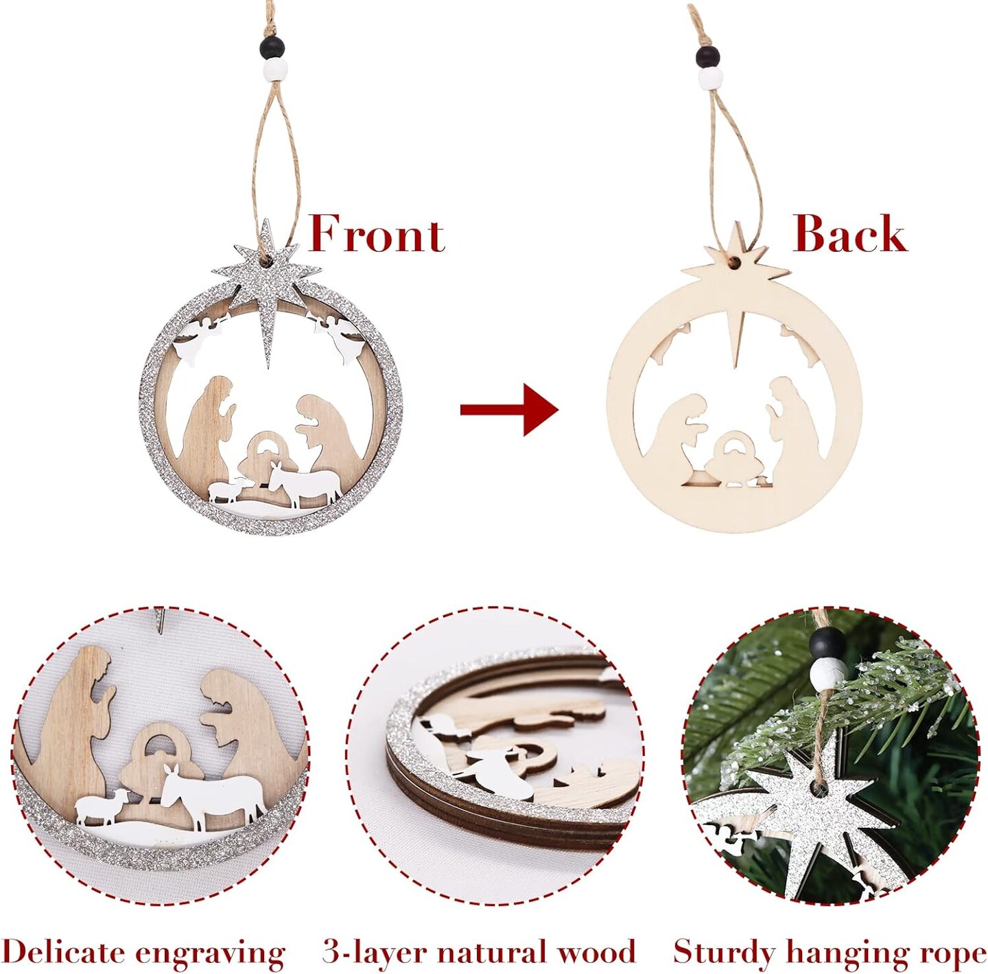 Christmas Decorations Indoor Nativity Scene Ornaments, 6 Set Wooden Christian Tree Ornaments, 3-Layer Sliver White Carved Wood The Birth of Jesus Decorations, Religious Xmas Decor for Home