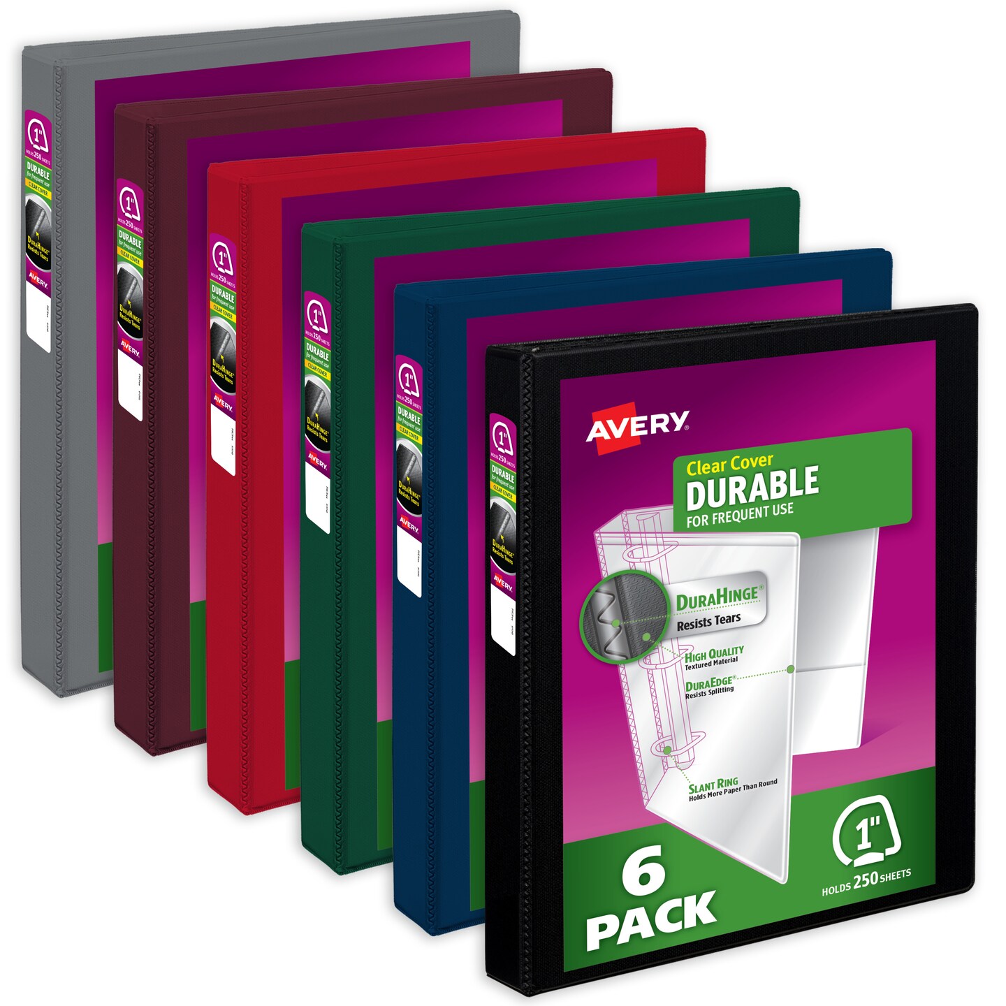 Avery Durable View 3 Ring Binders, 1 Inch Slant Rings, 250-Sheet Capacity, DuraHinge, 1.4 Inch Wide Spine, Customizable Clear Covers and Spine, Dark Colors (6-Pack of 05633)
