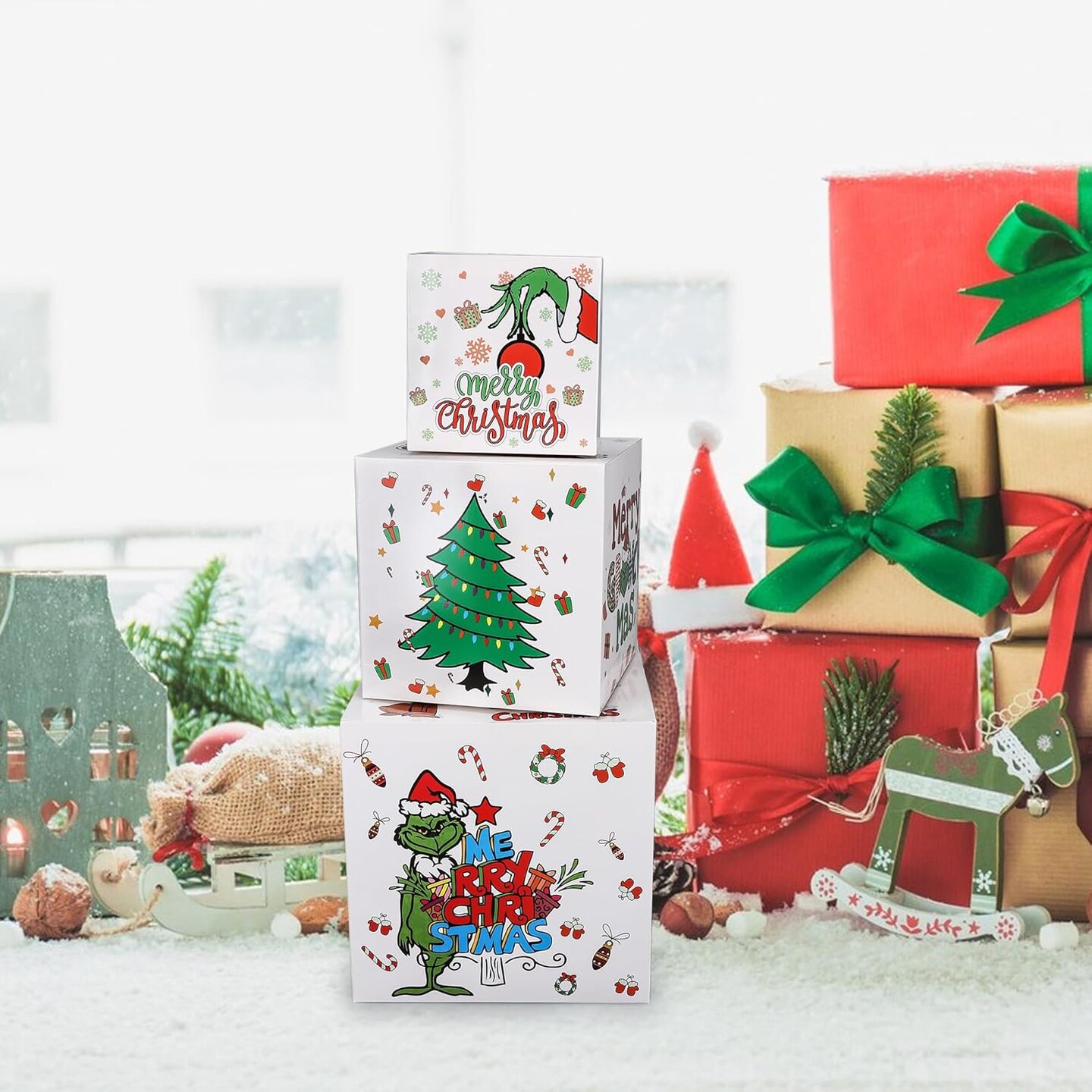3 Pcs Christmas Nesting Gift Boxes&#xFF0C;Christmas Stackable Gift Boxes Set with Lids Christmas Decorative Boxes for New Year Holiday Birthday Party Gift Decor