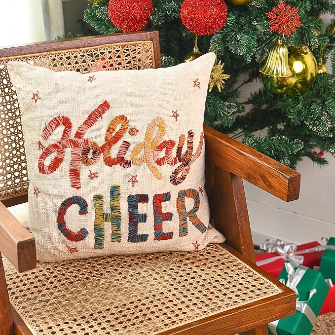 Christmas Pillow Covers 18x18, Decorative Couch Pillows for Living Room, 100% Cotton Boho Pillow Case or Cute Pillows, Christmas Throw Pillow Covers or Accent Throws (Holiday Cheers)