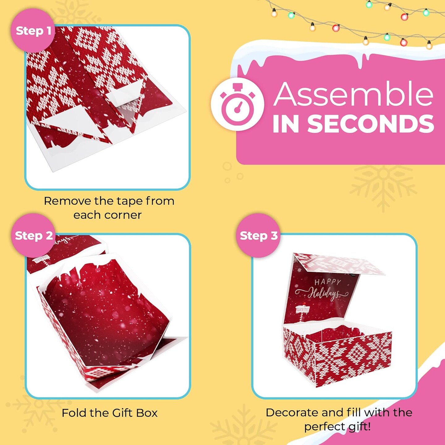 3Pack Christmas Gift Boxes With Lids For Presents Large 9.25x9.25x3.75, Collapsible Christmas Gift Box Set, Holiday Gift Boxes For Wrapping Gifts, Decorative Christmas Boxes For Gifts With Lids