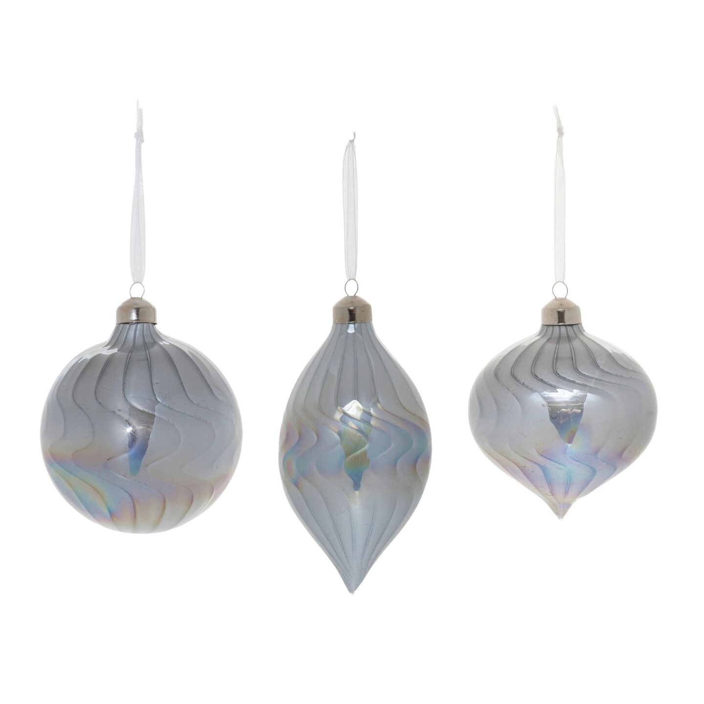 Melrose Wavy Iridescent Glass Christmas Ornaments - 6.5&#x22; - Gray - 6ct