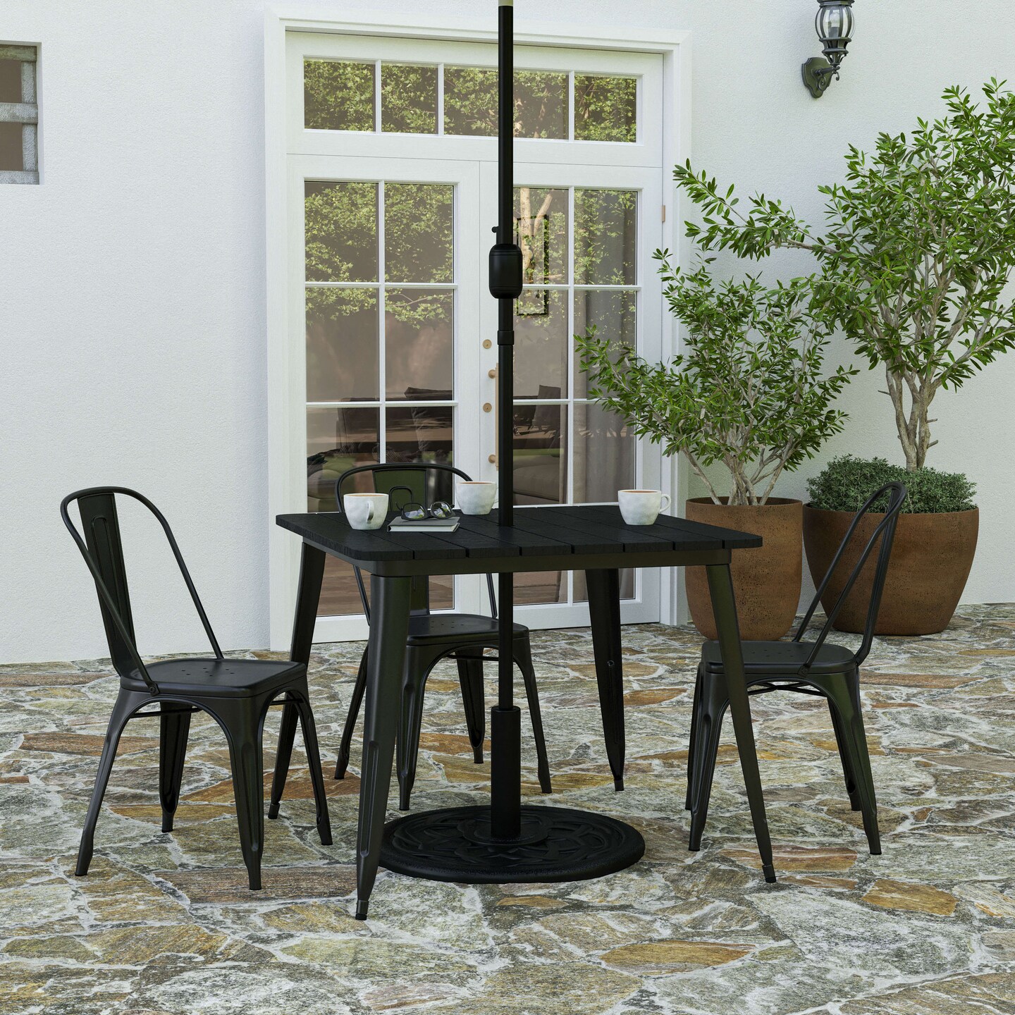Merrick Lane Dryden Indoor/Outdoor Dining Table with Umbrella Hole, 36&#x22; Square All Weather Poly Resin Top and Steel Base