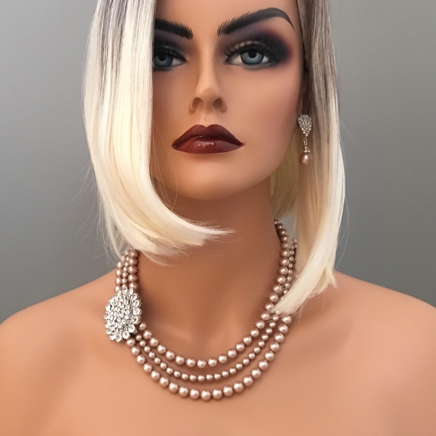 COMPLETE Champagne Jewelry Set Taupe Pearl Necklace with Brooch Bracelet Earrings Swarovski Pearls In Powder Almond Mother of the Bride product 5